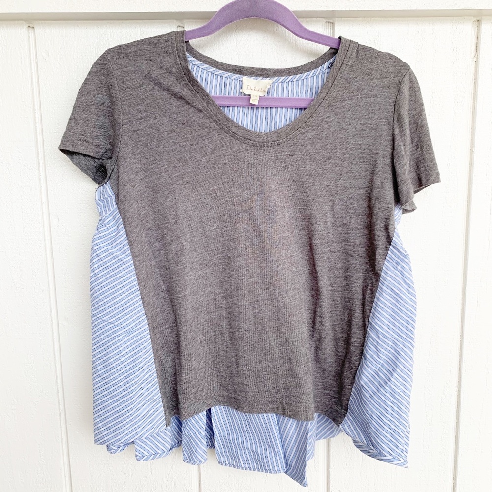 Anthropologie Deletta Grey Blue Striped Tee XS